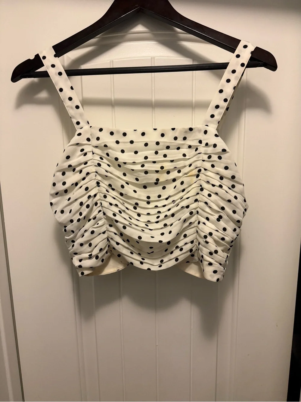 Express White and Black Polka Dot Ruched Crop Camisole